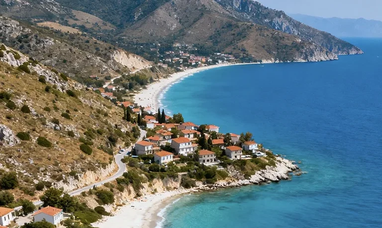 Aerial view of beautiful Albanian Riviera coast with turquoise waters and sandy beaches